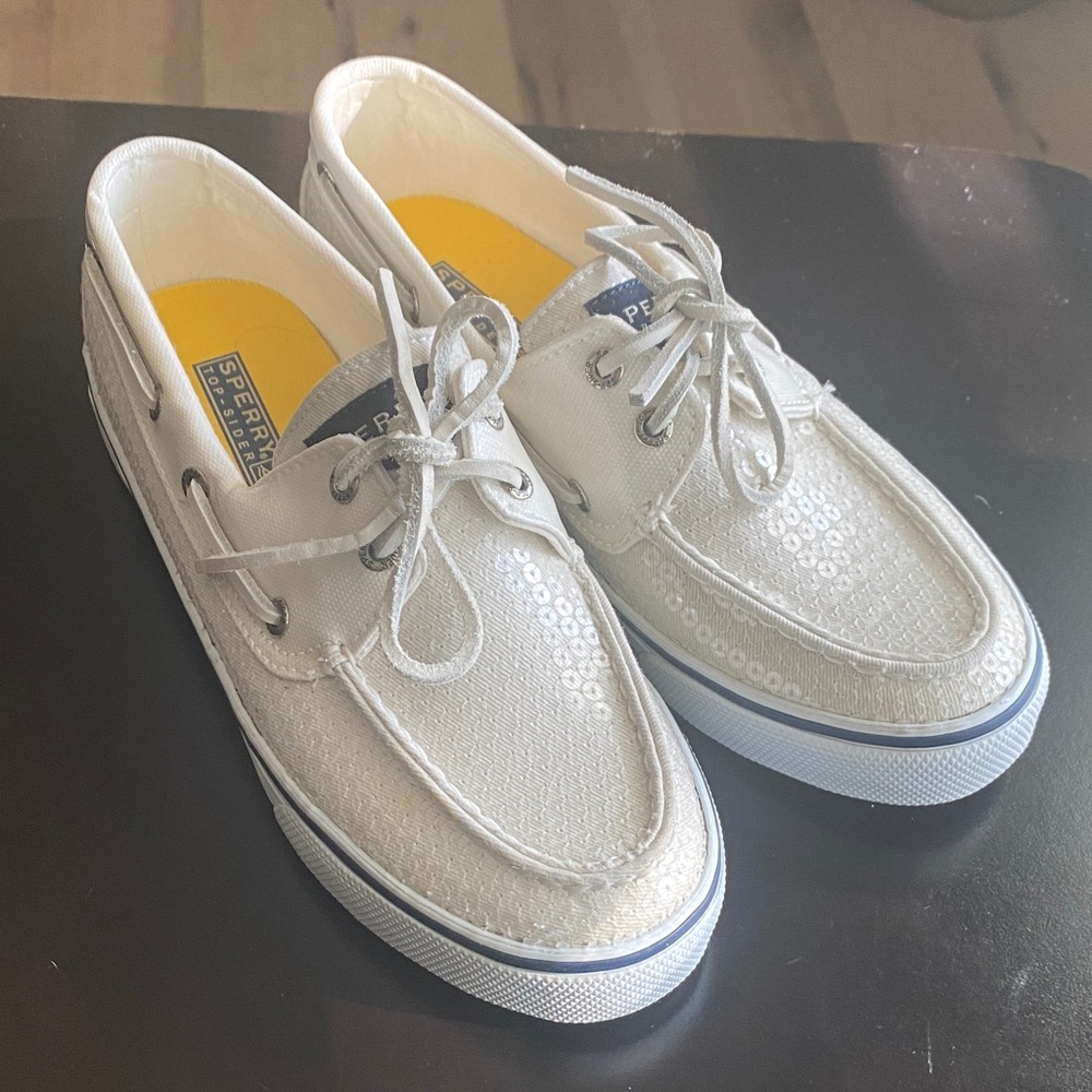 Sperry Metallic Silver Sequin Boat Shoes